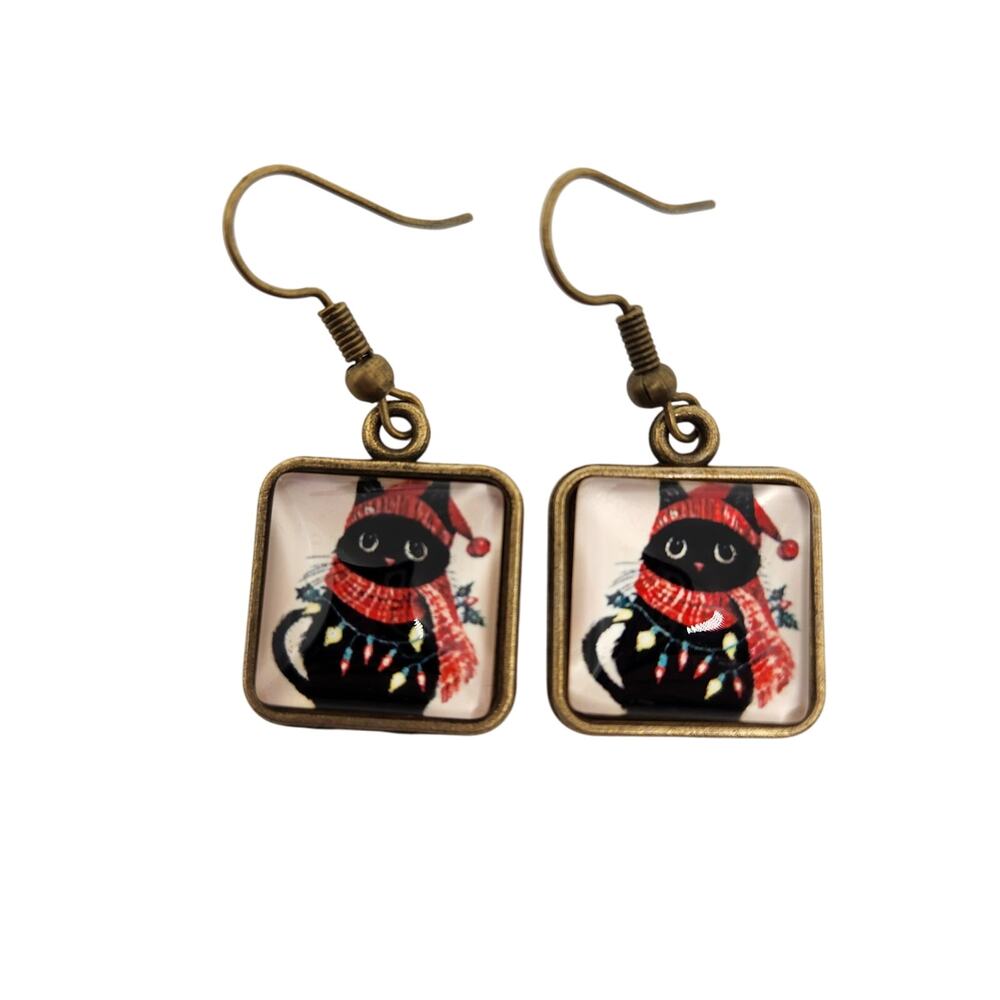 Festive Black Red Hat and Scarf Christmas Earrings